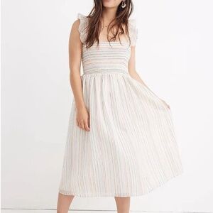NWT MADEWELl - Ruffle Strap Smocked Rainbow Stripe Midi Dress, S